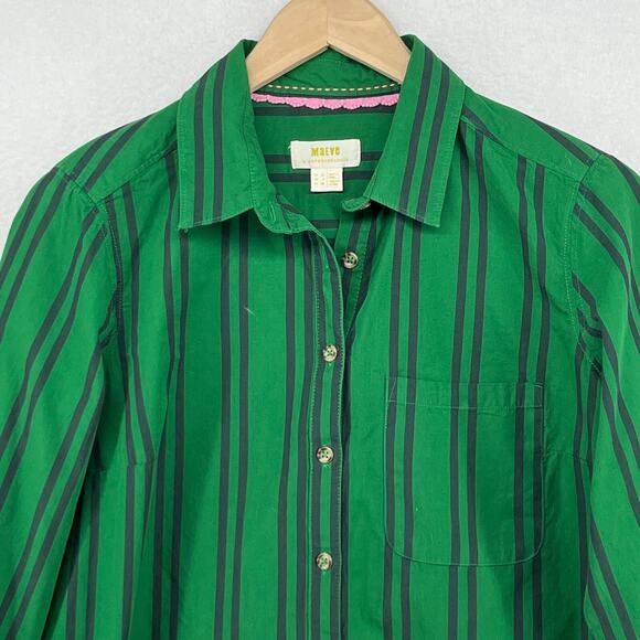 MAEVE ANTHROPOLOGIE Shirt 6 Striped Button Up Roll Tab Cottagecore Cotton Green - Picture 6 of 16